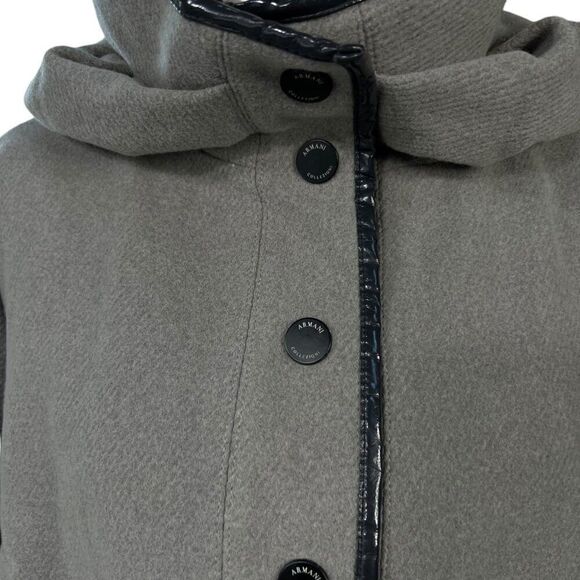 Armani Collezioni Womens Wool Jacket Size 12 Gray & Black Button-Up Hooded - Picture 6 of 15